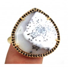 Dendritic opal heart sterling silver pave setting cz ring